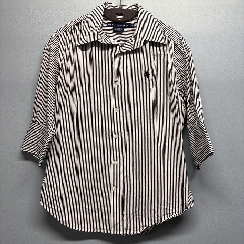 RALPH LAUREN SPORT Black & White Pin Stripe Slim Fit Blouse - 3/4 Sleeve - Sz 8